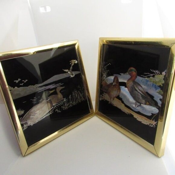 Vintage Pair Kafka Foiled Screened Etching Glass Art Ducks #1016 #1 - Picture 2 of 12
